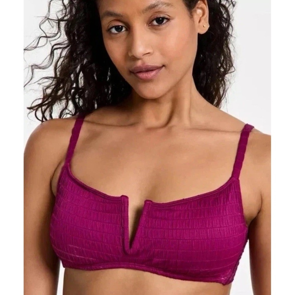 Bar III Plum Solid Smocked Spaghetti Strap Bikini 2PC Womens Size L Regular